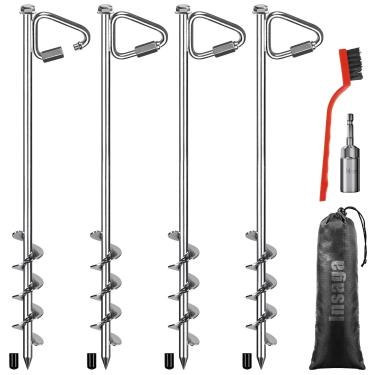 Imagem de Insaga Âncoras de solo de 43 cm cromadas, resistentes para trampolins, tendas, casas móveis, conjuntos de balanço, garagens e galpões com suporte triangular reforçado para alta resistência ao vento