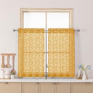 Imagem de Chyhomenyc Cortinas douradas transparentes de 91 cm de comprimento, cortina de cozinha de janela pequena com filtro de luz tufada e texturizada sobre a pia, cortinas curtas de meia janela para porão