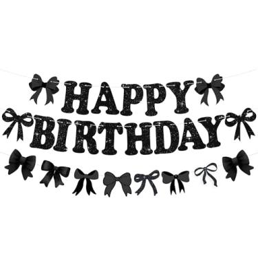Imagem de Banner de feliz aniversário preto com glitter sinais brilhantes decorações de festa de aniversário banner para mulheres, meninas, meninos, adultos, animais de estimação, artigos de fundo de festa