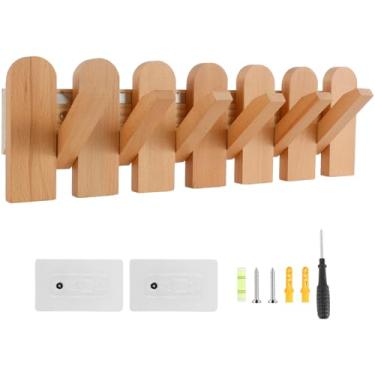 Imagem de Suporte de parede de madeira, suporte de parede de madeira maciça com 6 ganchos, cabide de parede dobrável estilo piano cabide para pendurar casacos, chaves, chapéus, roupão e toalhas (cor de madeira