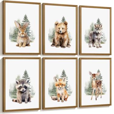Imagem de Decoração de parede de berçário de animais da floresta conjunto de 6 arte de parede de quarto de meninos da floresta decoração de parede em tela animal infantil impressões de arte aquarela urso veado