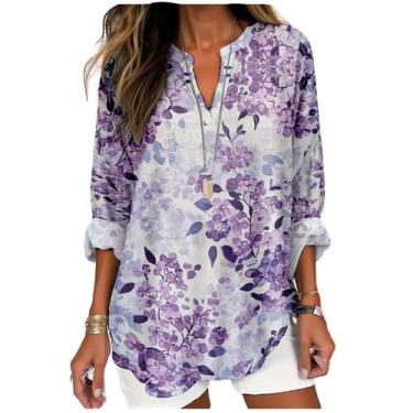 Imagem de Blusa MARSVOVO Boho Roxa Estampa Floral Feminina Plus Size GG