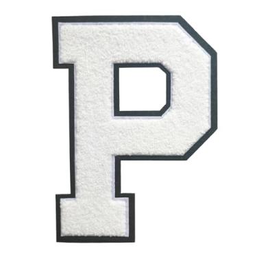 Imagem de 1 Patch de letra de chenille de ferro branco de 16,5 cm com borda preta – Remendos do alfabeto para roupas, jaquetas, mochilas, chapéus para decoração personalizada, nome personalizado e artesanato