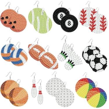 Imagem de beinkmake 12 pares de kit de fabricação de brincos pintados de diamante com padrão de bola esportiva, arte de diamante, brincos de gota pintados de diamante, joias para mulheres, presentes feitos à