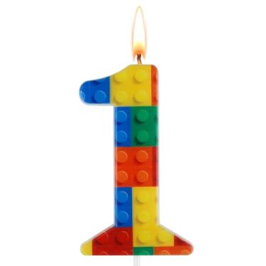 Imagem de Vela com número de aniversário com tema de blocos de construção, vela de 1º aniversário para decoração de bolo, topo de bolo número 1 para bebês, meninos, meninas, artigos de festa de aniversário