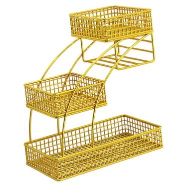 Imagem de Ioensy Cesta de frutas e legumes com 3 níveis, em ferro fundido, com grande capacidade para armazenar frutas, legumes, pães e lanches, ideal para sala de, Ouro