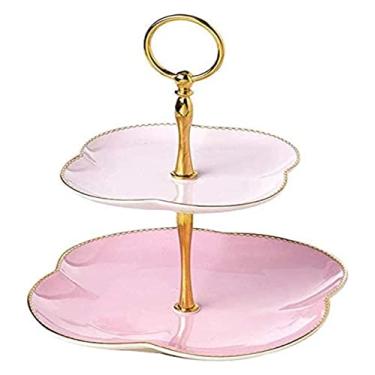 Imagem de YYBOES Suporte de frutas, três, camada dupla, cesta de frutas, cerâmica, moda, estilo EuropUPC, bandeja de frutas, mesa de café, bolo, prato de frutas secas, prato de frutas/prato azul