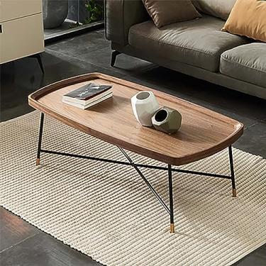 Imagem de uhyOHF Mesa de centro de madeira estilo nórdico 120 x 65 x 38 cm - Mesa de centro retangular de nogueira com pernas de metal e pés antiderrapantes - Montagem fácil para sala de estar (