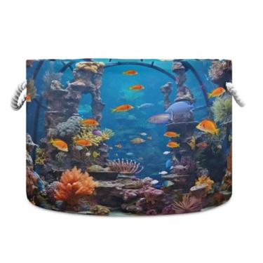 Imagem de WELLDAY Cesta de corda de algodão Fishes Reef Cesta de lavanderia de bebê para sala de estar, lavanderia, berçário, travesseiros, decoração de casa