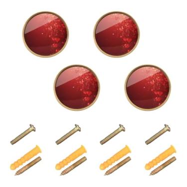 Imagem de Burbuja Maçanetas de armário de cozinha Red Hearts, pacote com 4, puxadores redondos de 3,5 cm, puxadores de cômoda com parafusos para armários de cozinha, quarto, armário