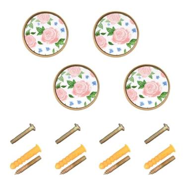 Imagem de Burbuja Maçanetas de armário de cozinha Pink Peonies, pacote com 4, puxadores redondos de 3,5 cm, puxadores de cômoda com parafusos para armários de cozinha, quarto, armário