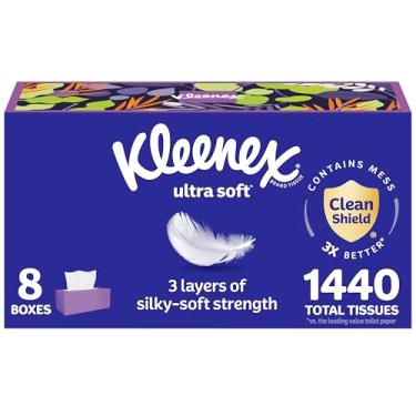 Imagem de Kleenex Lenços faciais ultra macios, 8 caixas planas, 180 lenços por caixa, 3 camadas, a embalagem pode variar
