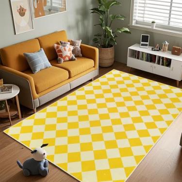 Imagem de USTIDE Tapete xadrez amarelo 1,2 x 1,8 m lavável à máquina, tapete xadrez amarelo claro para corredor, quarto, meninas, quarto de bebê, decoração