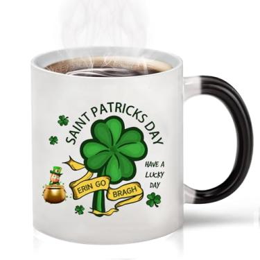 Imagem de Caliamary Caneca que muda de calor, caneca de café de cerâmica com mudança de calor de trevo engraçado, 325 ml, caneca de café sensível ao calor que muda de cor, caneca de presente fofa do dia de São