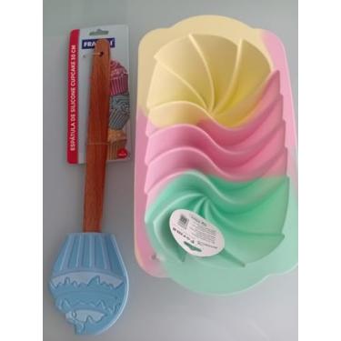 Imagem de Forma de Silicone para Bolo Espiral Multicolorida com Espátula de Madeira, Kit Confeitaria 2 Peças (Espiral Azul)