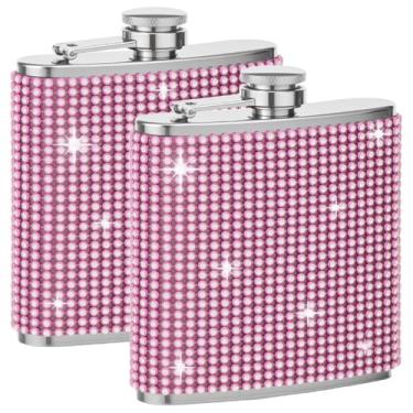 Imagem de 2 frascos de quadril para bebidas para mulheres, cantil fofo de 170 g para meninas, com glitter, bolso, decorativo de aço inoxidável 304 para vodka uísque (rosa)
