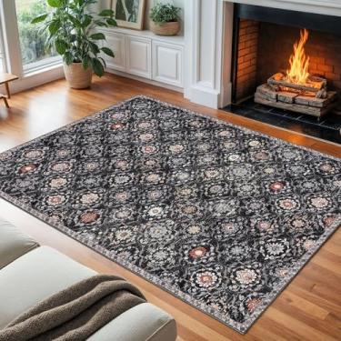 Imagem de KILOCOCO Tapete marroquino 20 x 25 cm lavável para sala de estar, tapete floral vintage antiderrapante, grande tapete de cozinha para cozinha, entrada, banheiro, quarto, escritório, carvão/multi