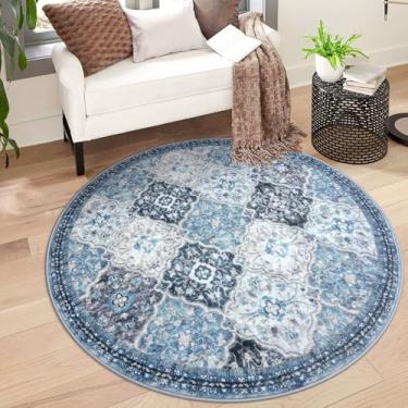 Imagem de KILOCOCO Tapete de área redondo marroquino de 1,5 m, tapete de cozinha lavável, antiderrapante, macio, pequeno círculo, tapetes de entrada azul com estampa de lã sintética para sala de jantar, quarto,