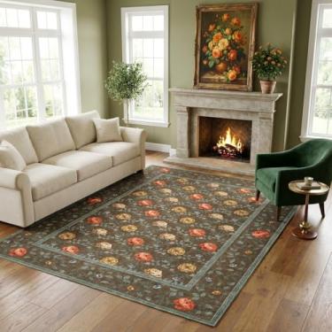 Imagem de GarveeHome Tapete de área 12 x 18 cm, lavável, marrom, boêmio, floral, vintage, antiderrapante, resistente a manchas, estampa botânica, tapete macio para quarto, sala de jantar, berçário