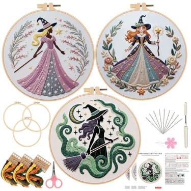 Imagem de LYMIGER Kit de bordado para iniciantes, pacote com 3 elegantes kits de ponto cruz com padrão de bruxa pré-carimbada para adultos, kit iniciante de bordado manual DIY com instruções de agulha de linha