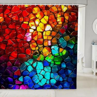 Imagem de jejeloiu Cortina de chuveiro em mosaico para decoração de banheiro 183 cm C x 183 cm L cortina de banho de vidro colorido geométrico acessórios de banheiro tecido poliéster impermeável