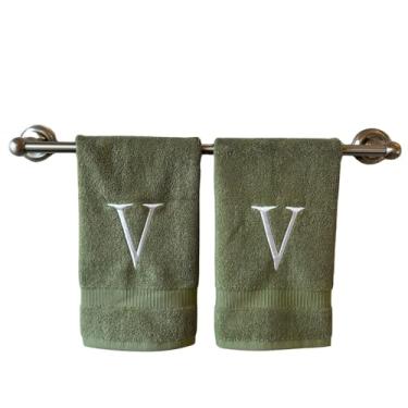 Imagem de Sage Toalha de mão inicial para banheiro - Toalha bordada decorativa de qualidade de hotel de luxo monograma para lavabo, spa - Certificado orgânico GOTS - Conjunto de 2 letras V