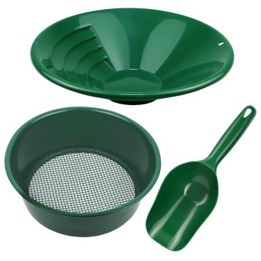 Imagem de MACIFECI Kit de 3 peças de ouro Panning 3 peças de ferramentas de mineração de ouro incluem panela de ouro de metal, colher de plástico, peneira de ouro