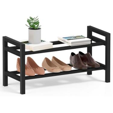 Imagem de Haddockway Sapateira de bambu para armário, organizador de sapatos de pé livre com hastes redondas lisas e alças convenientes, prateleira empilhável de armazenamento de sapatos para entrada, corredor