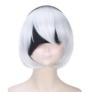 Imagem de Peruca de cosplay prateada estilo 2B com venda preta de 35 cm - yiweis