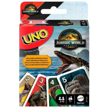 Imagem de Jogo de cartas UNO Jurassic World Rebirth Mattel, deck temático com regra especial Ataque do T-Rex