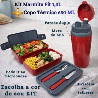 Imagem de Kit Marmita Fit Unitermi Talheres Divisórias Copo Térmico Miami 650ml 