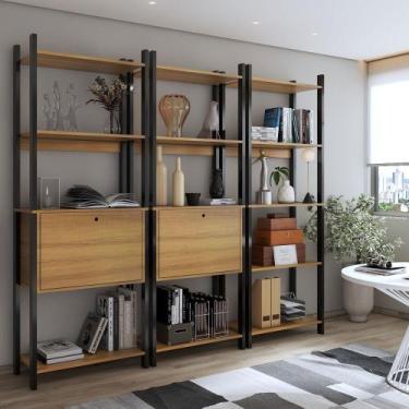 Imagem de Estante para Livros Industrial 2 Portas 11 Prateleiras Mel/Preto - Pan