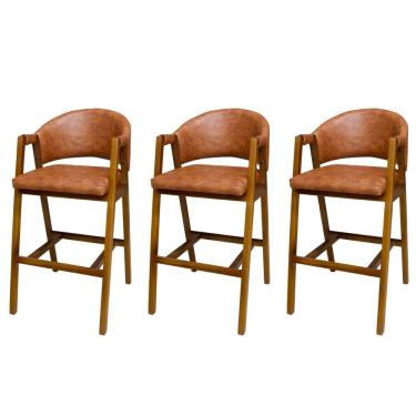 Imagem de Kit 3 Banquetas Alta Flora Madeira Maciça Assento Couro Sintético Estofado 100 cm Cobre...