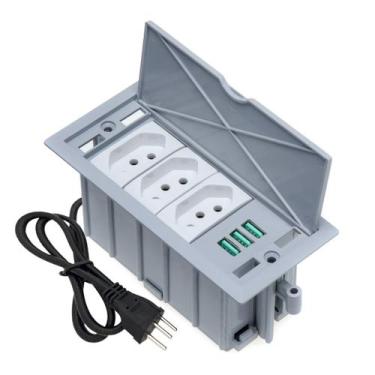 Imagem de Caixa De Tomada 4 Blocos 3 Tomadas 10A 3 USB 5.2A Cinza - CONNECT CAIX