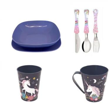 Imagem de Conjunto pratos azul, talheres, copos e caneca - Unicornio - Simonaggi