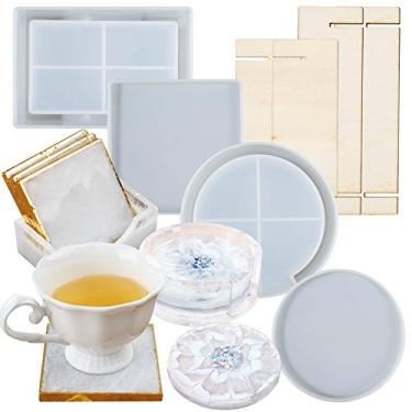 Imagem de Moldes de silicone para porta-copos de resina epóxi com suporte de armazenamento redondo e quadrado com 4 conjuntos de diâmetro 8,6 cm