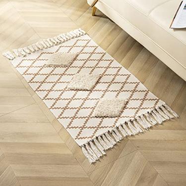 Imagem de jia cool Tapete de área de algodão boêmio, feito à mão, tapete de borlas para área interna, banheiro, quarto, sala de estar, tapetinho, tapetes para banheiro, lavanderia 60 x 90 cm