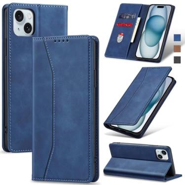 Imagem de Jasonyu Flip Carteira Capa para iPhone 15,Capinha Folio Magnética de Couro com Suporte para Cartão,Suporte para Chute - Protetora Durável de TPU à Prova de Choque para Telefone,Azul