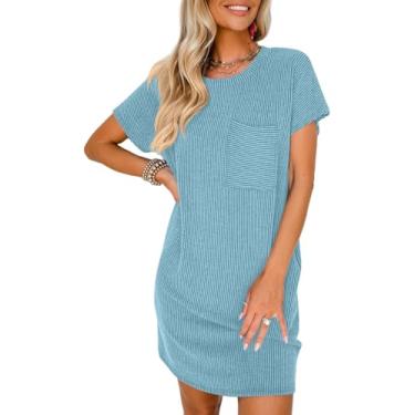 Imagem de Camisunny Vestido túnica feminino casual verão manga curta gola redonda com nervuras mini vestido camiseta com bolsos, Azul, M