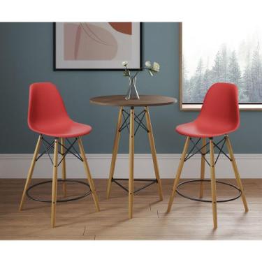 Imagem de Mesa Bistrô Eames Eiffel Amêndoa com 2 Banquetas Vermelhas de Madeira 