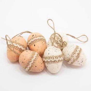 Imagem de Kit 24 Ovos de Páscoa Bege Branco Enfeitado Pendentes Decorativo - Gen