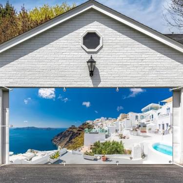 Imagem de Leowefowa Capas de porta de garagem de poliéster de 4,9 x 2,1 m, ilha grega, Santorini, paisagem de viagem, litoral do mar Egeu, Secenry, decorações de porta de garagem para casa, exterior, interior,
