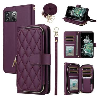 Imagem de Furiet Argyle Capa carteira para OnePlus 10T 5G/One Plus Ace Pro com alça de pulso, 9+ compartimento para cartão com zíper, capa de celular quadriculada para On 1Plus 1 + Plus10T 1+ AcePro Deep Purple