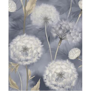 Imagem de VOLEAAR Papel de parede floral de dente-de-leão extra longo, papel de parede de contato removível Boho no quarto, banheiro, bancada, armário, vinil, cinza, azul neblina, impermeável, papel de parede