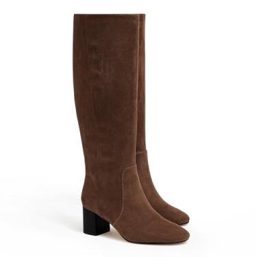 Imagem de Coutgo Botas femininas de salto grosso, cano alto, camurça, bico redondo, outono, inverno, com zíper lateral, Café, 41