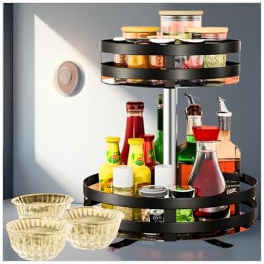 Imagem de Organizador Multiuso Giratório 360° Junto com 3 Tijelas de Vidro - Compartimentos para Condimentos, Frutas, Produtos de Limpeza, Maquiagens - Base Giratória e Ideal no Banheiro, Mesa Escritório