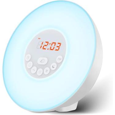 Imagem de Despertador Do Nascer Do Sol Luz De Despertar Com Simulação Do Nascer Do Sol Simulação De Pôr Do Sol Função De Soneca 6 Cores Lâmpada De Atmosfera 6 Sons Naturais E Rádio Fm