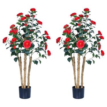 Imagem de Camélia de árvores artificiais realistas com troncos de madeira natural, rosa sintética de seda perene com flores de seda, decoração interna para sala de estar, varanda, escritório (2, vermelho, 4 pés