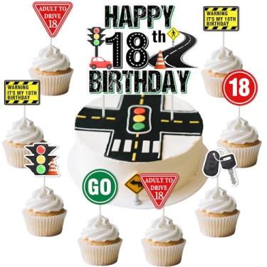 Imagem de Funmemoir Warning Decorações de festa de aniversário de 18 anos - Topo de bolo de feliz aniversário de 18 anos e 24 peças de topo de cupcake de sinal de estrada, sinal de cuidado adulto para levar