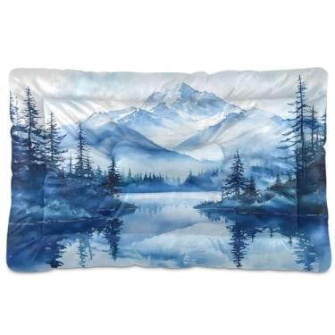 Imagem de Wassud Cama de cachorro com pintura de montanhas em aquarela para cães pequenos, lavável à prova d'água, tapete de viagem para animais de estimação, cama portátil para gatos com fundo antiderrapante